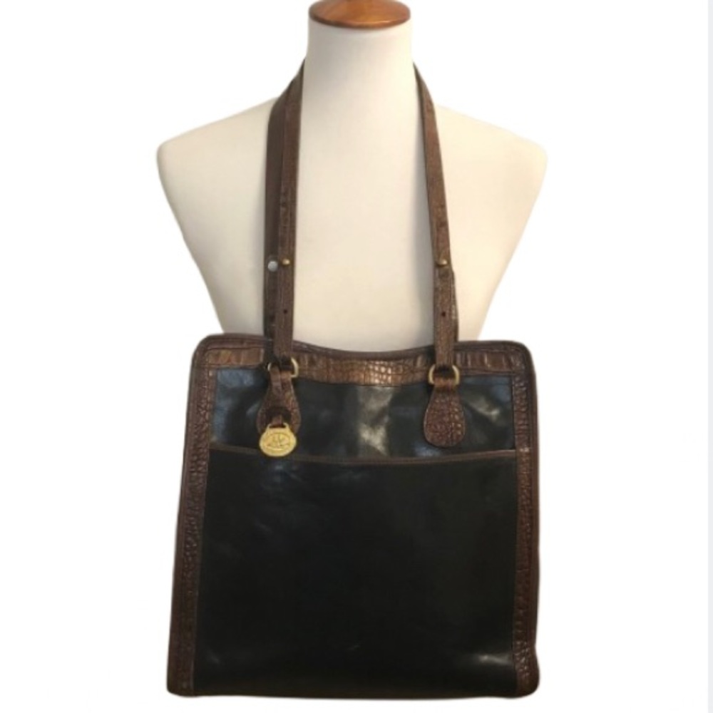 Brahmin Vintage Tuscan Leather Shoulder Tote Bag with Croc Embossed Trim